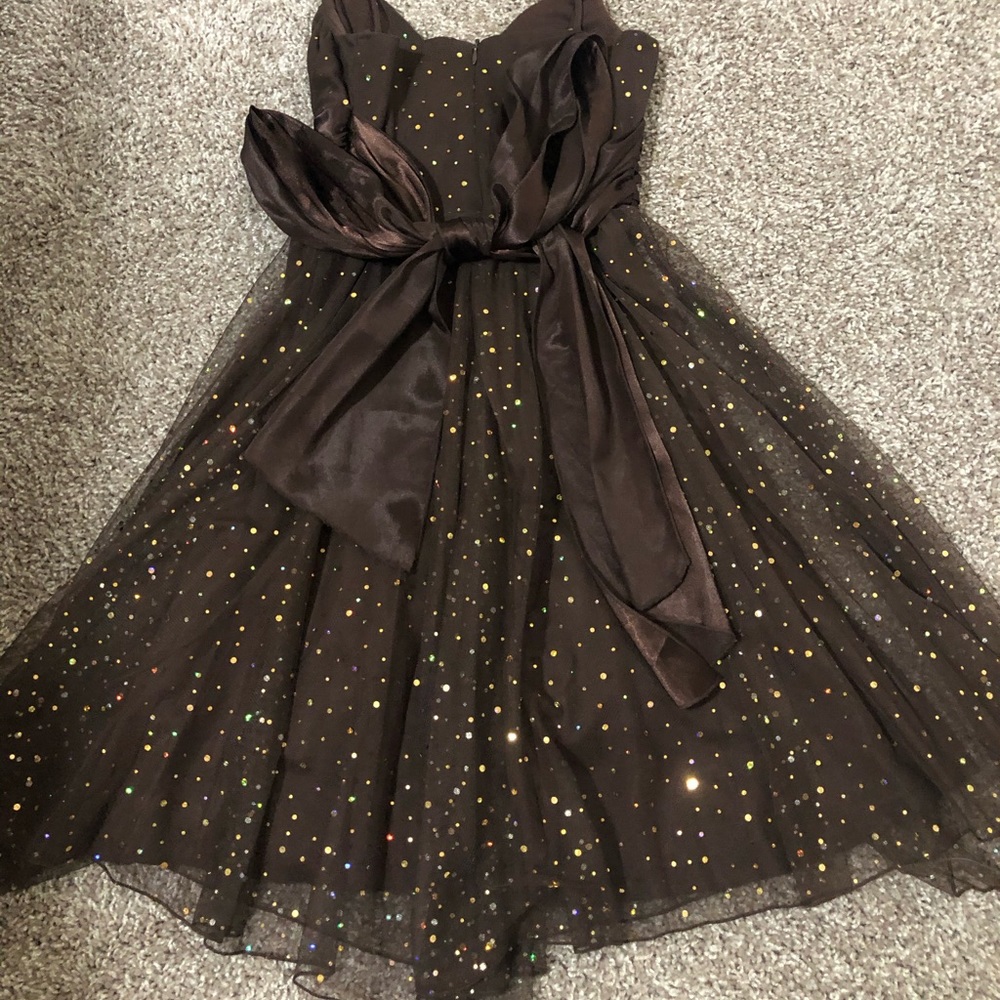 Jodi Kristopher brown dress with gold sparkles.
